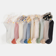 5 Pairs Floral Print Mesh Socks Sheer Ruffle Stockings Women's Hosiery