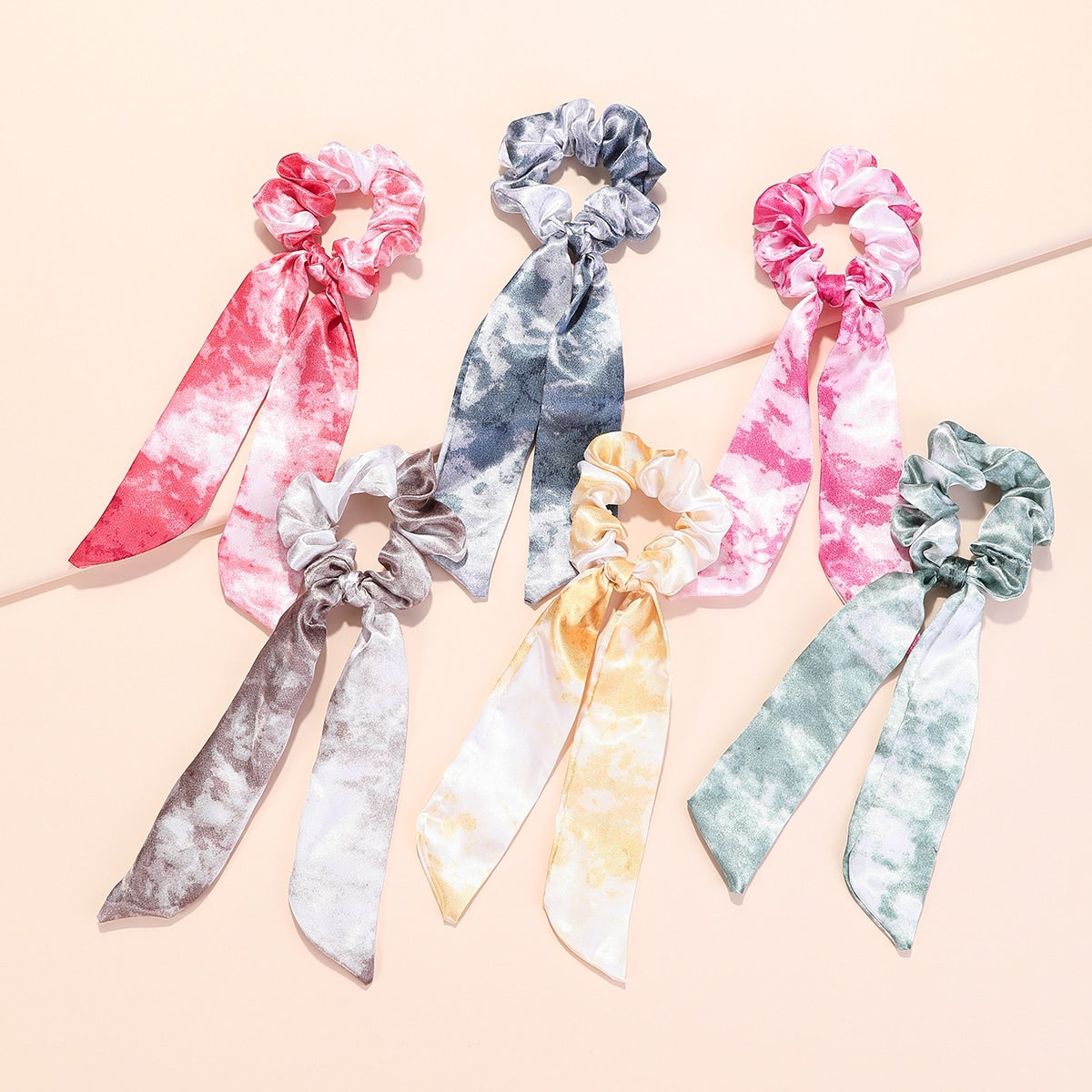 6pcs Silk Satin Hair Scrunchies Hair Scarf Boho Vintage Tie Dye Hair Tie