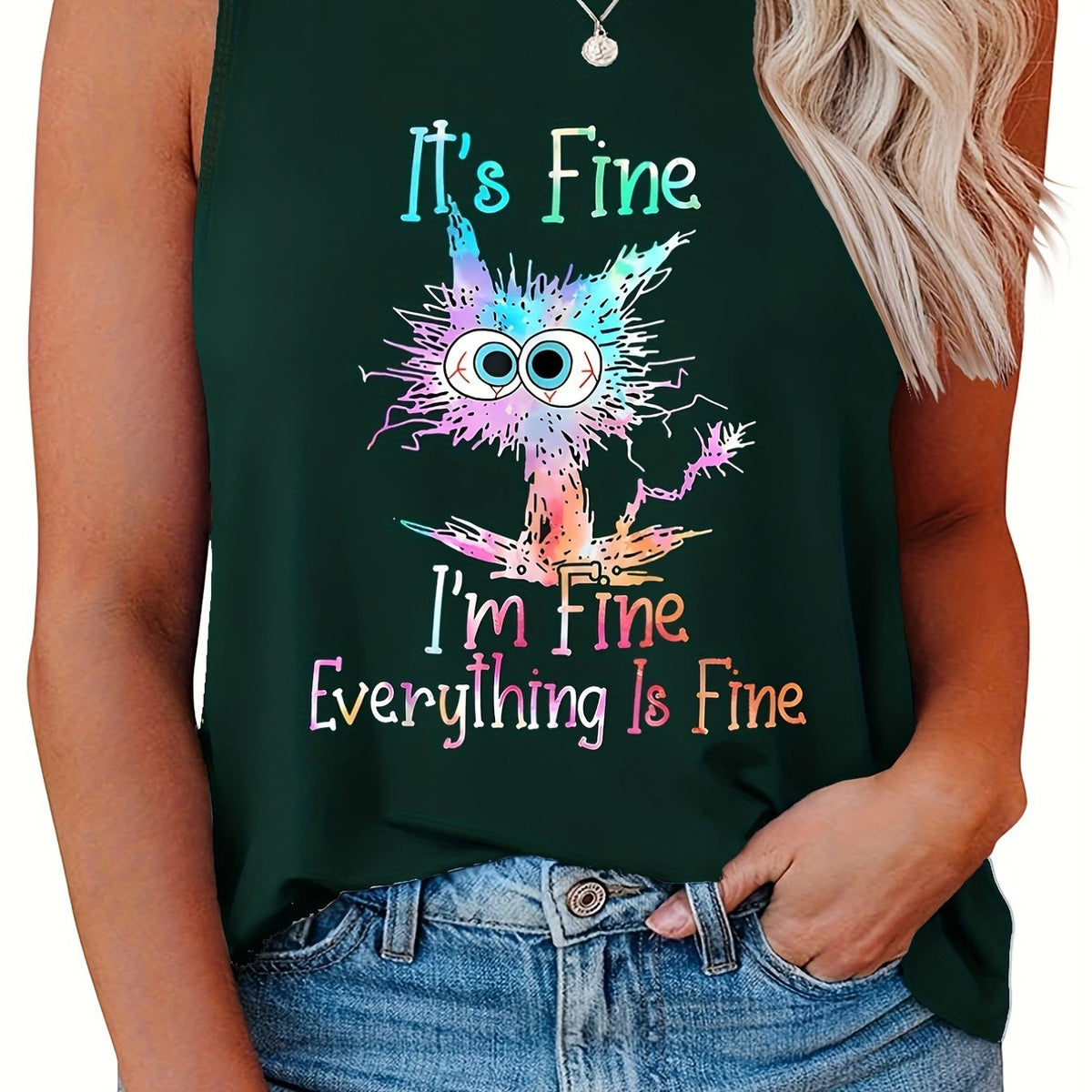  Casual Tank Top Women's Plus Slogan & Graphic Print Round Neck Tank