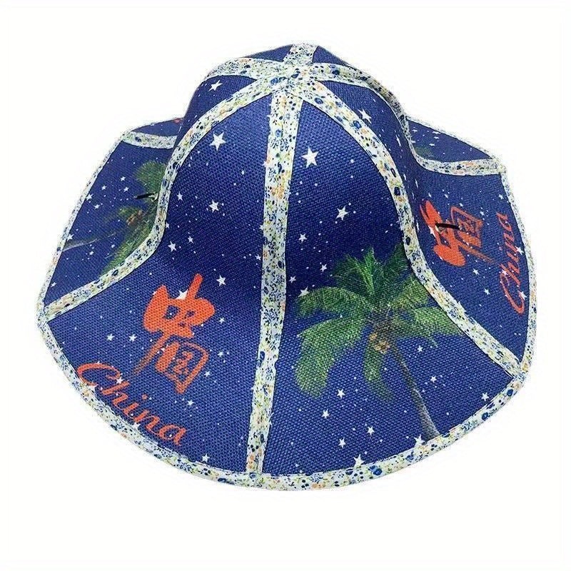 Boho Foldable Straw Hat Chin. Style Sun Hat Vintage Umbrella