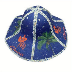 Boho Foldable Straw Hat Chin. Style Sun Hat Vintage Umbrella