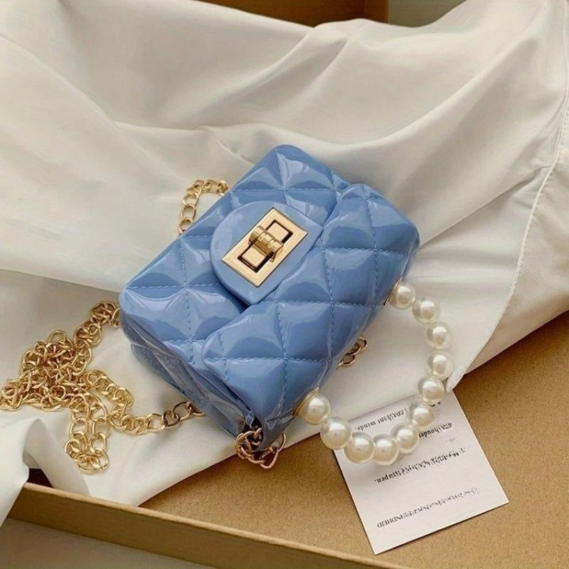 Argyle Quilted Square Bag with Metal Lock and Pearl Handle