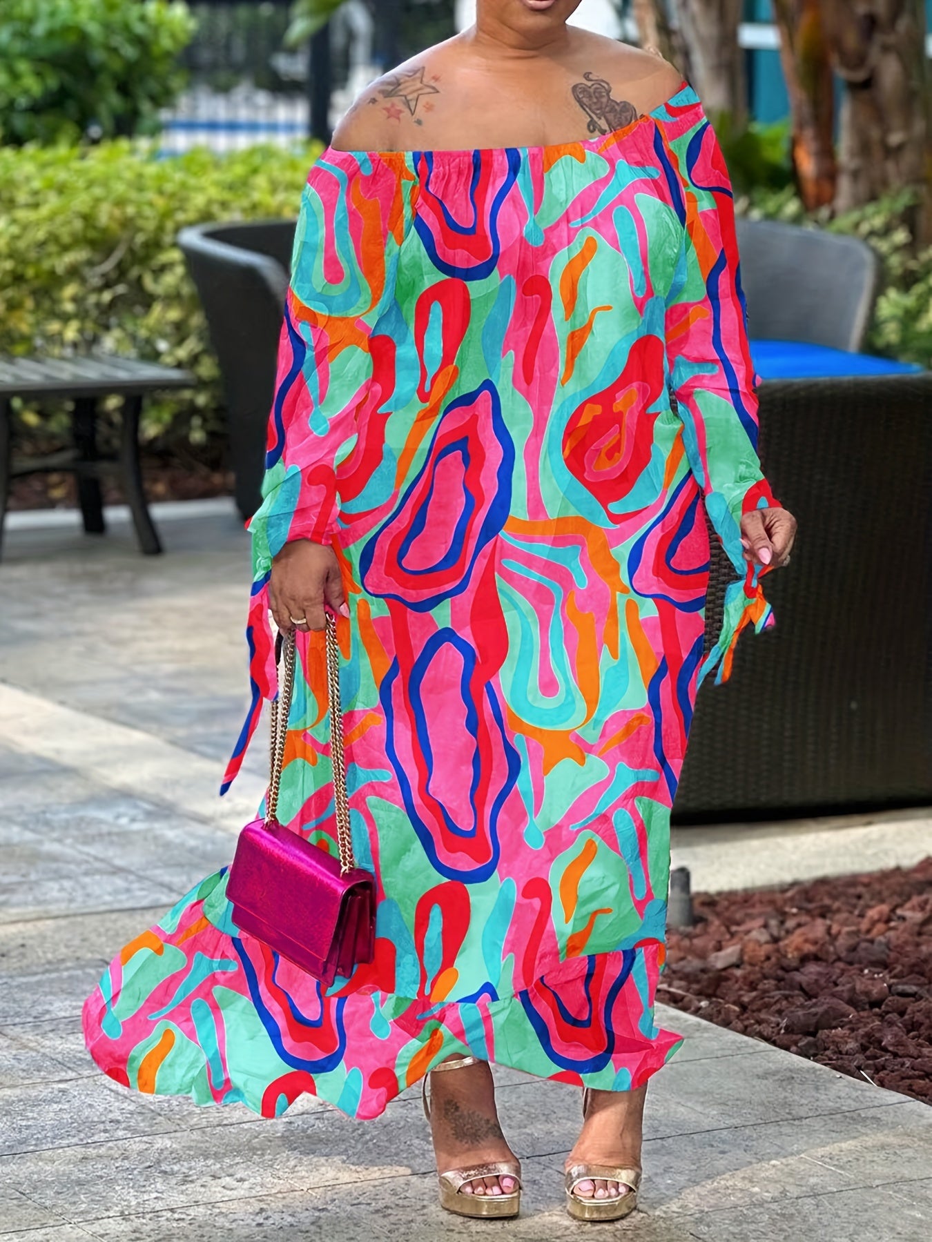  Allover Print Tie Long Sleeve Off Shoulder Ruffle Trim Maxi Dress