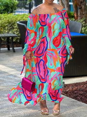  Allover Print Tie Long Sleeve Off Shoulder Ruffle Trim Maxi Dress