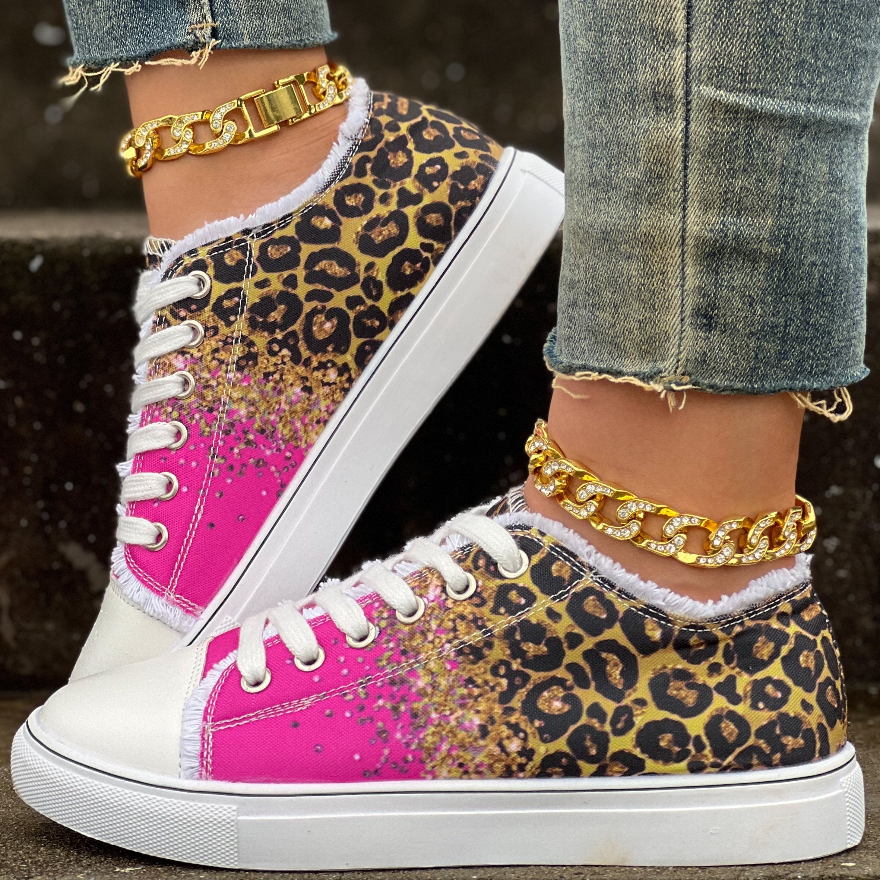 Leopard Print Glitter Lace Up Canvas Sneakers