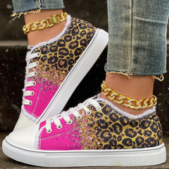 Leopard Print Glitter Lace Up Canvas Sneakers
