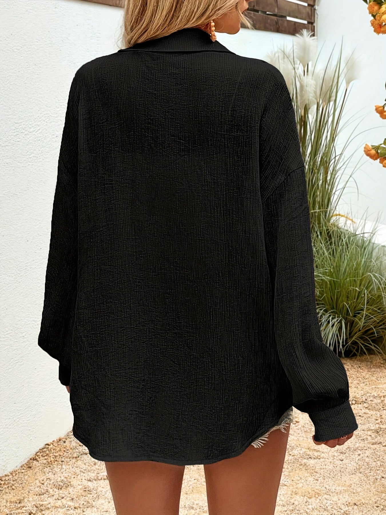 Women's Plus Solid Button Up Long Sleeve Blouse