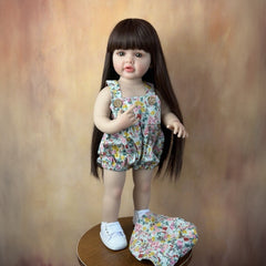 Realistic Reborn Baby Girl Doll Long Hair Floral Dress & Hat