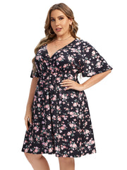  Floral Print V Neck Stretch Dress