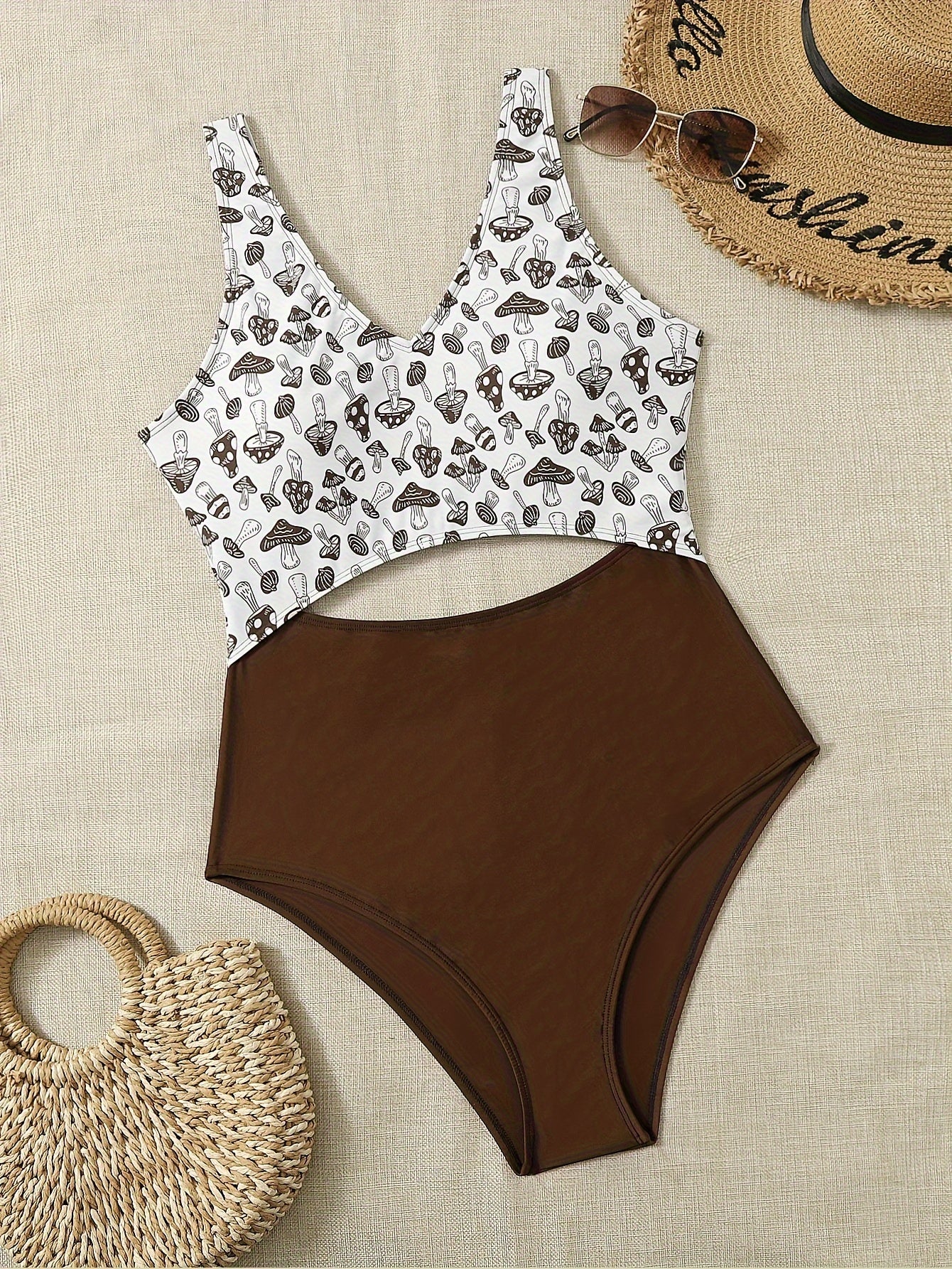  Sexy Mushroom Print V Neck Cut Out One Piece Swimsuit