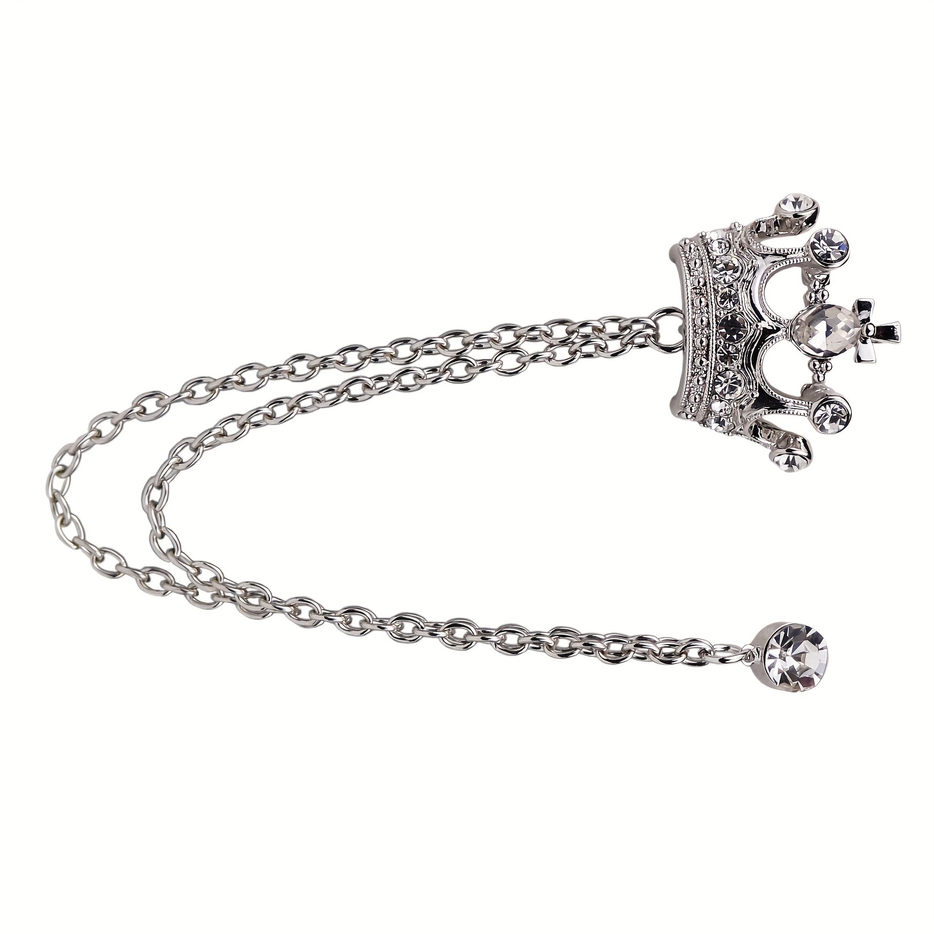Men's Crystal Crown Tassel Brooch Pin Chain