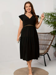 Plus Size V Neck Lace Ruffle Sleeve Stretch Dress