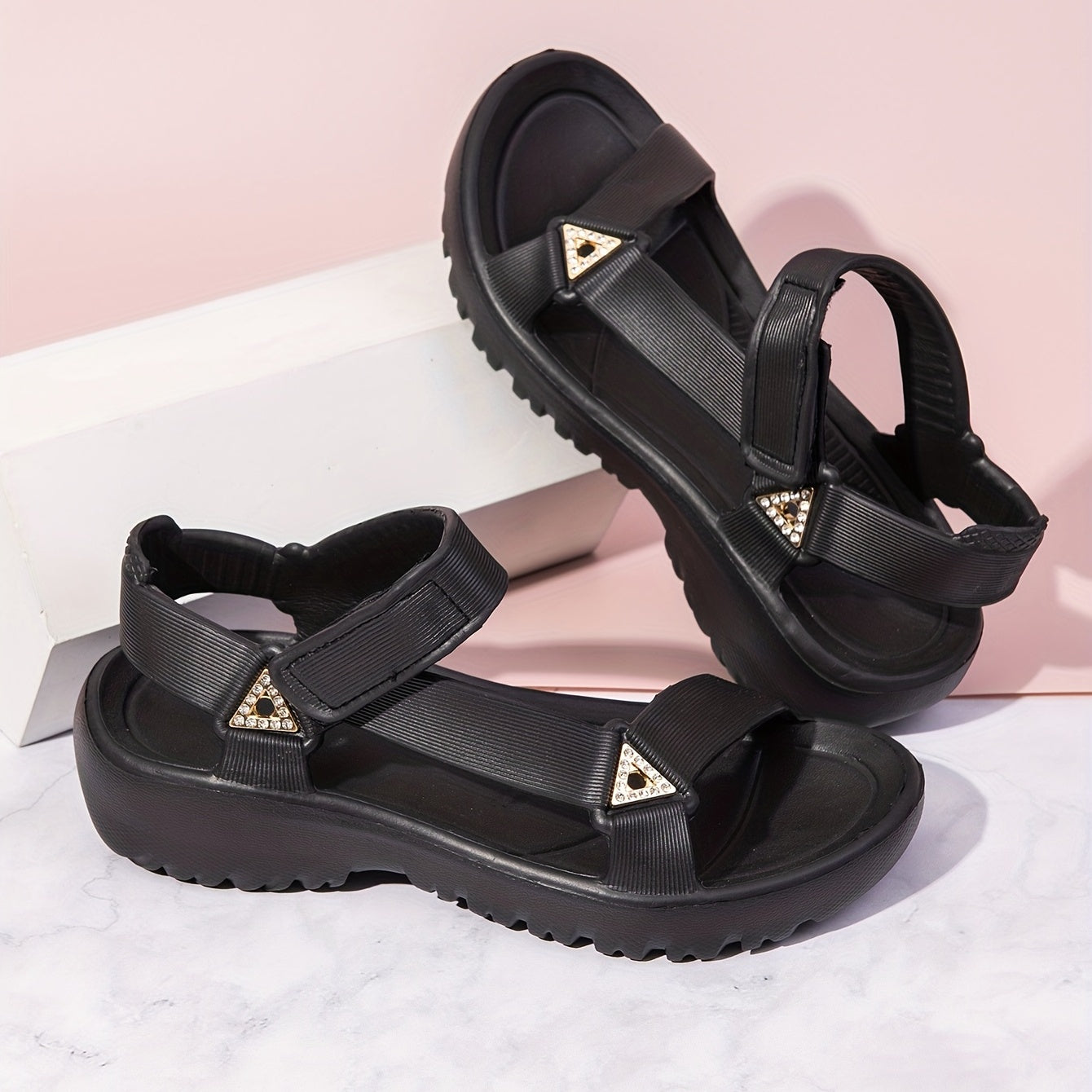 Women's Rhinestone Wedge Sandals Summer Casual Ankle Strap Sports Sandals