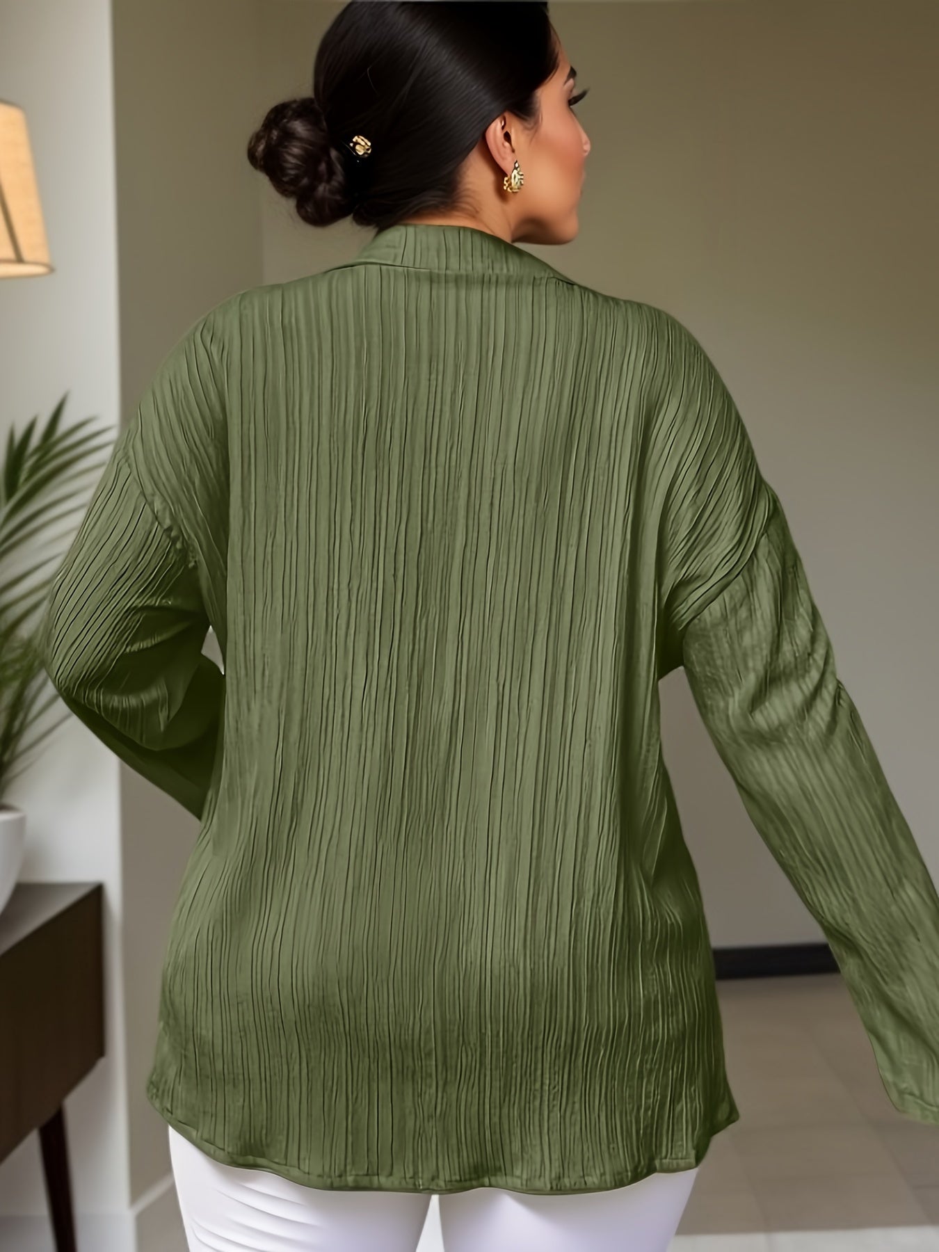  Solid Textured Roll Up Long Sleeve Blouse