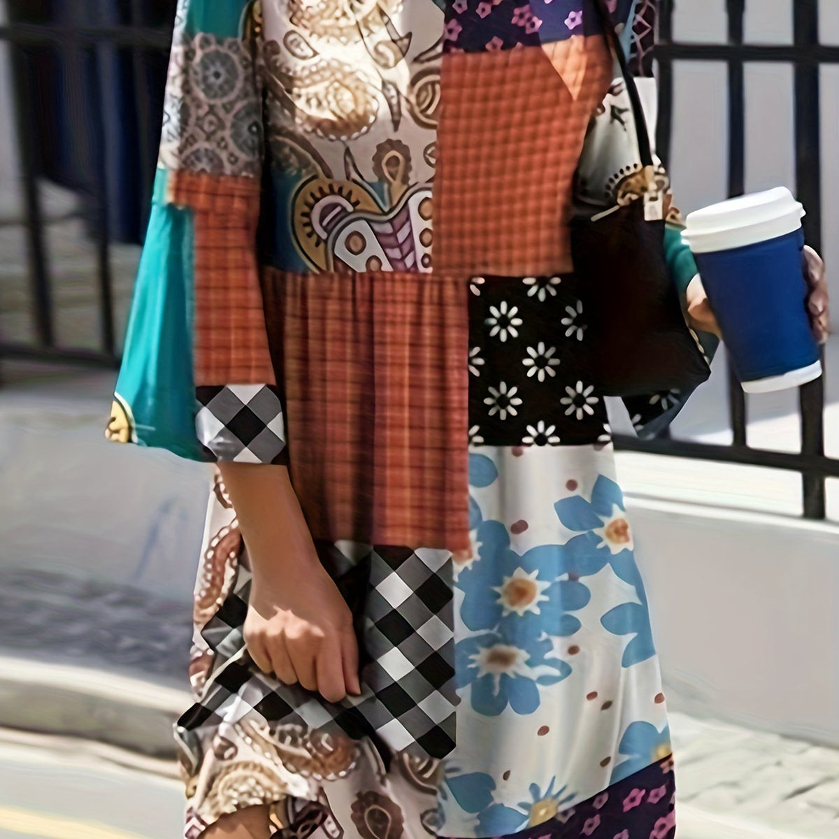  Boho Dress Womens Paisley & Scarf Print Bell Sleeve Dress