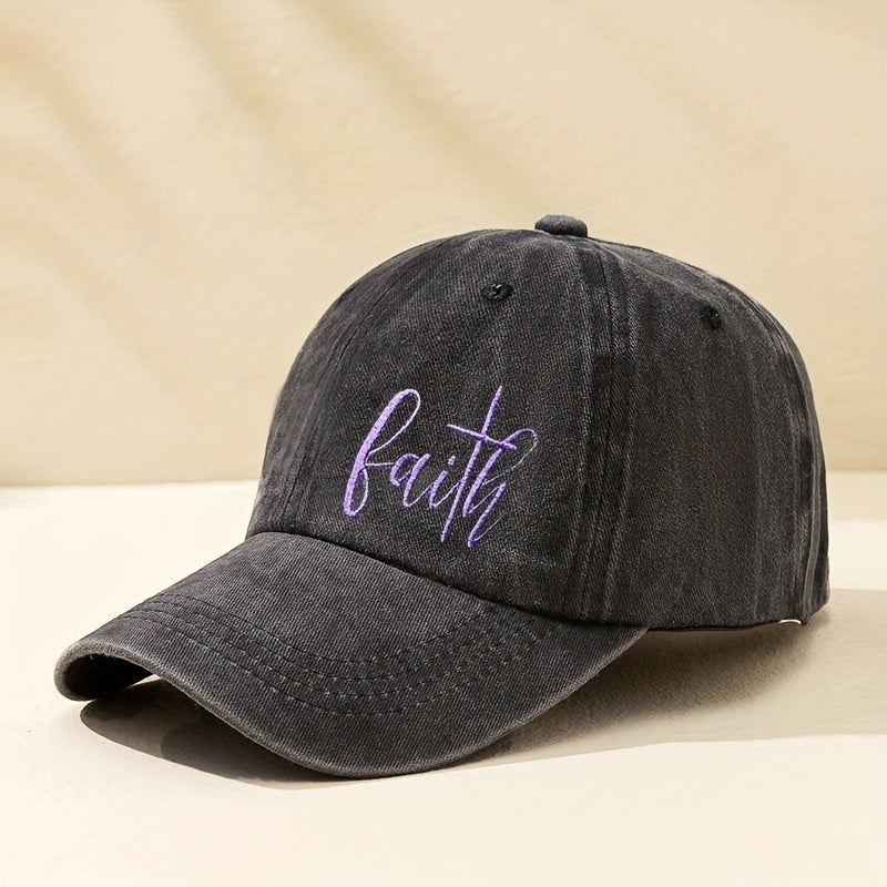 Purple Faith Embroidery Baseball Cap Unisex Washed Distressed Sun Hat