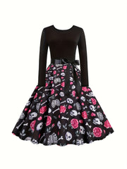  Colorblock Skull Print Long Sleeve Dress
