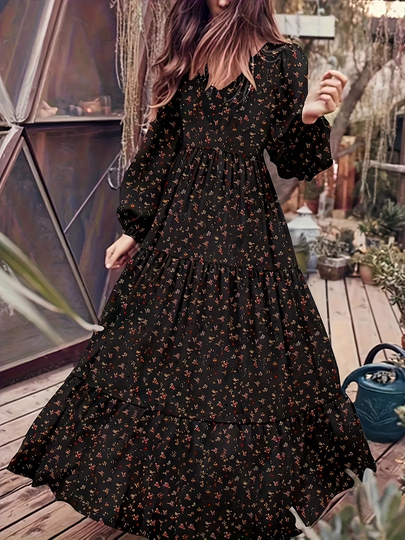  Ditsy Print Lantern Sleeve V Neck Maxi Smock Dress