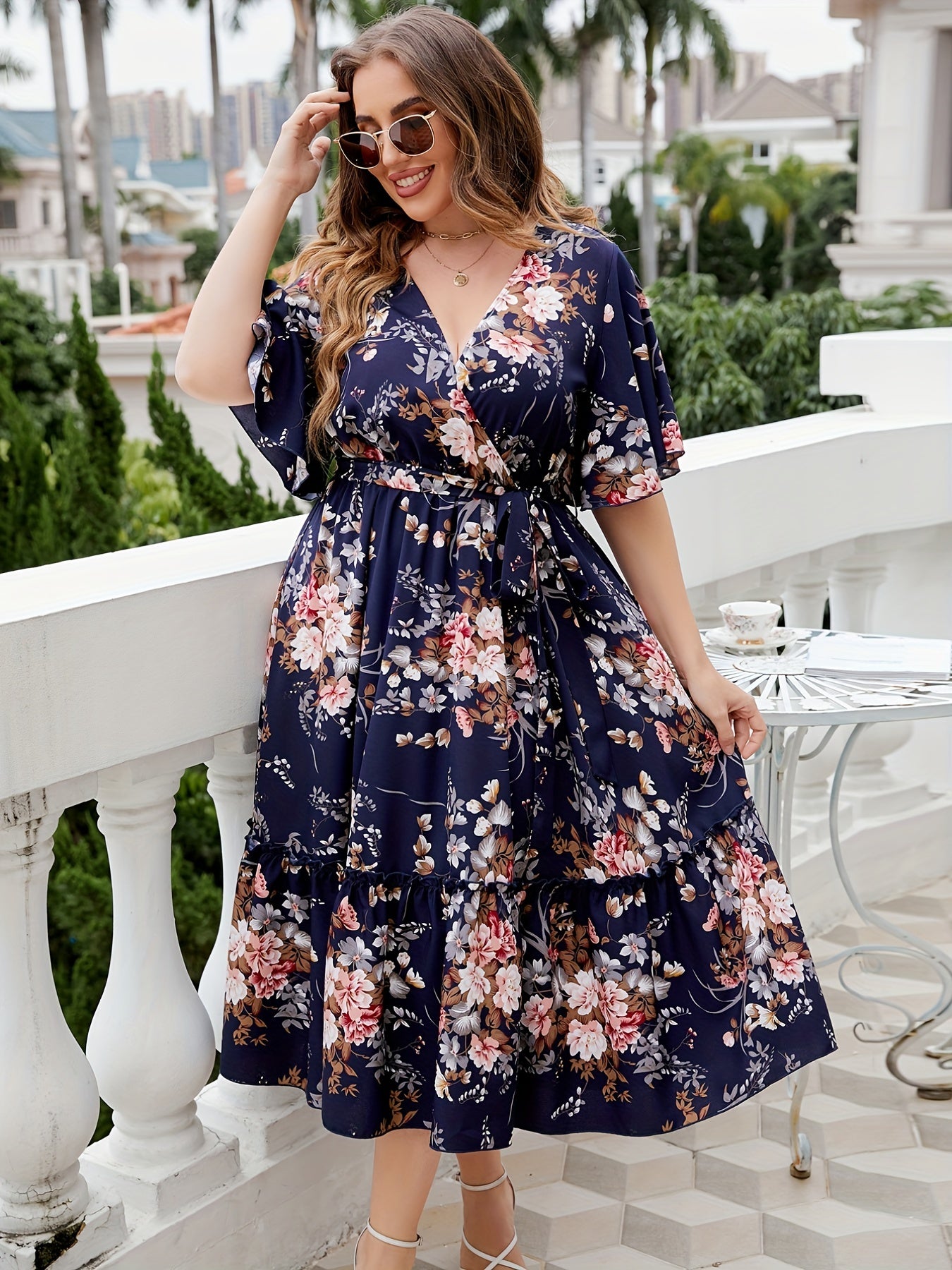 Women's Plus Floral Print Flutter Sleeve Midi Smock Dress