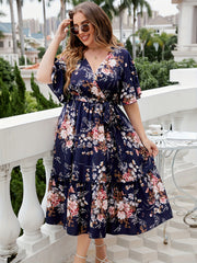 Women's Plus Floral Print Flutter Sleeve Midi Smock Dress