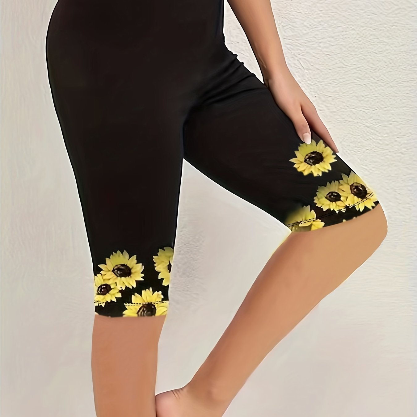 Sunflower Print High Waist Leggings Casual Leggings for Spring & Summer
