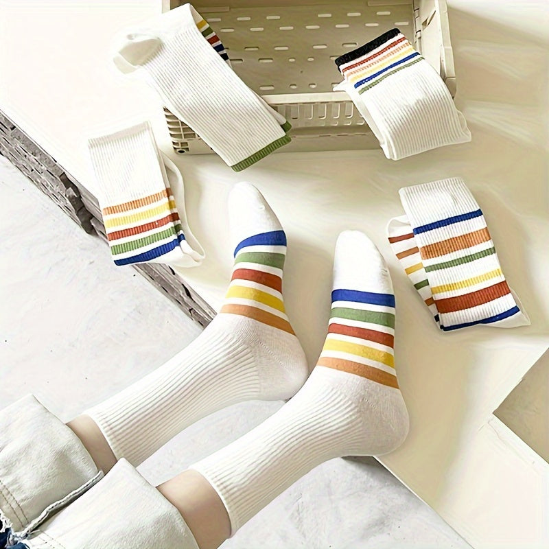 5 Pairs Rainbow Striped Socks College Style Women's Stockings