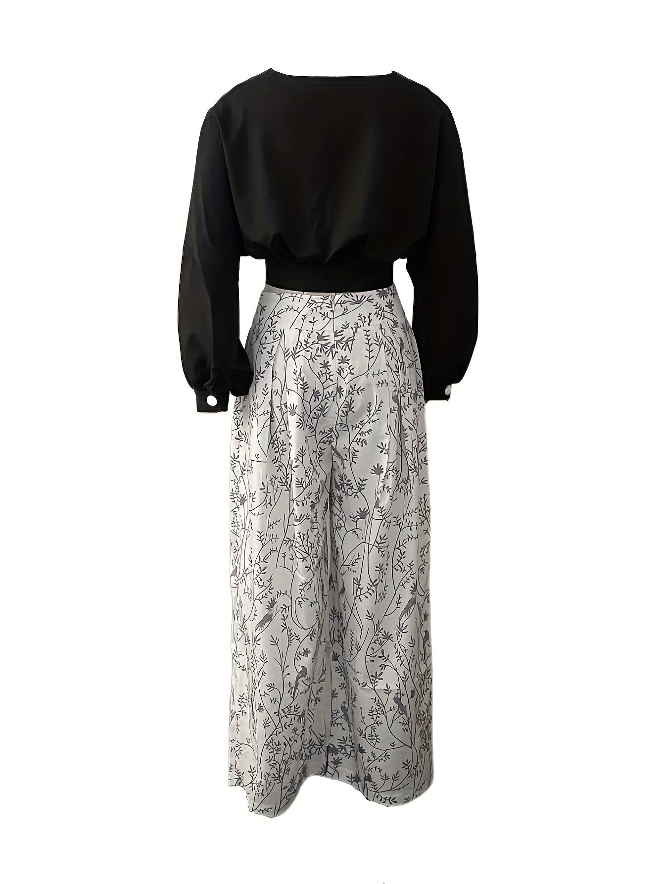 Solid Surplice Neck Top & Floral Wide Leg Pants Set