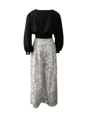 Solid Surplice Neck Top & Floral Wide Leg Pants Set