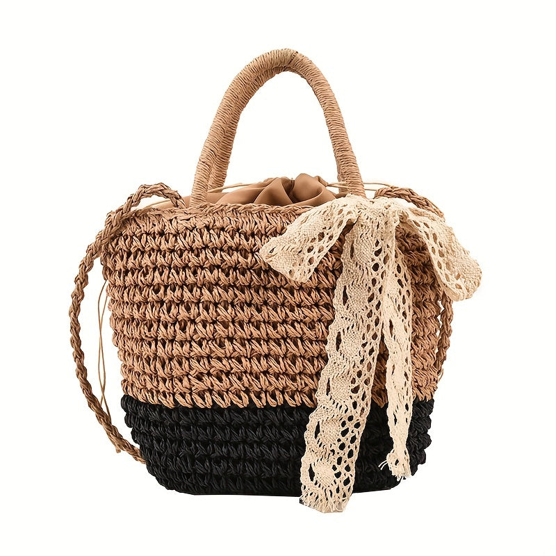 Straw Beach Bag Drawstring Bucket Shoulder Bag Boho Style Handbag