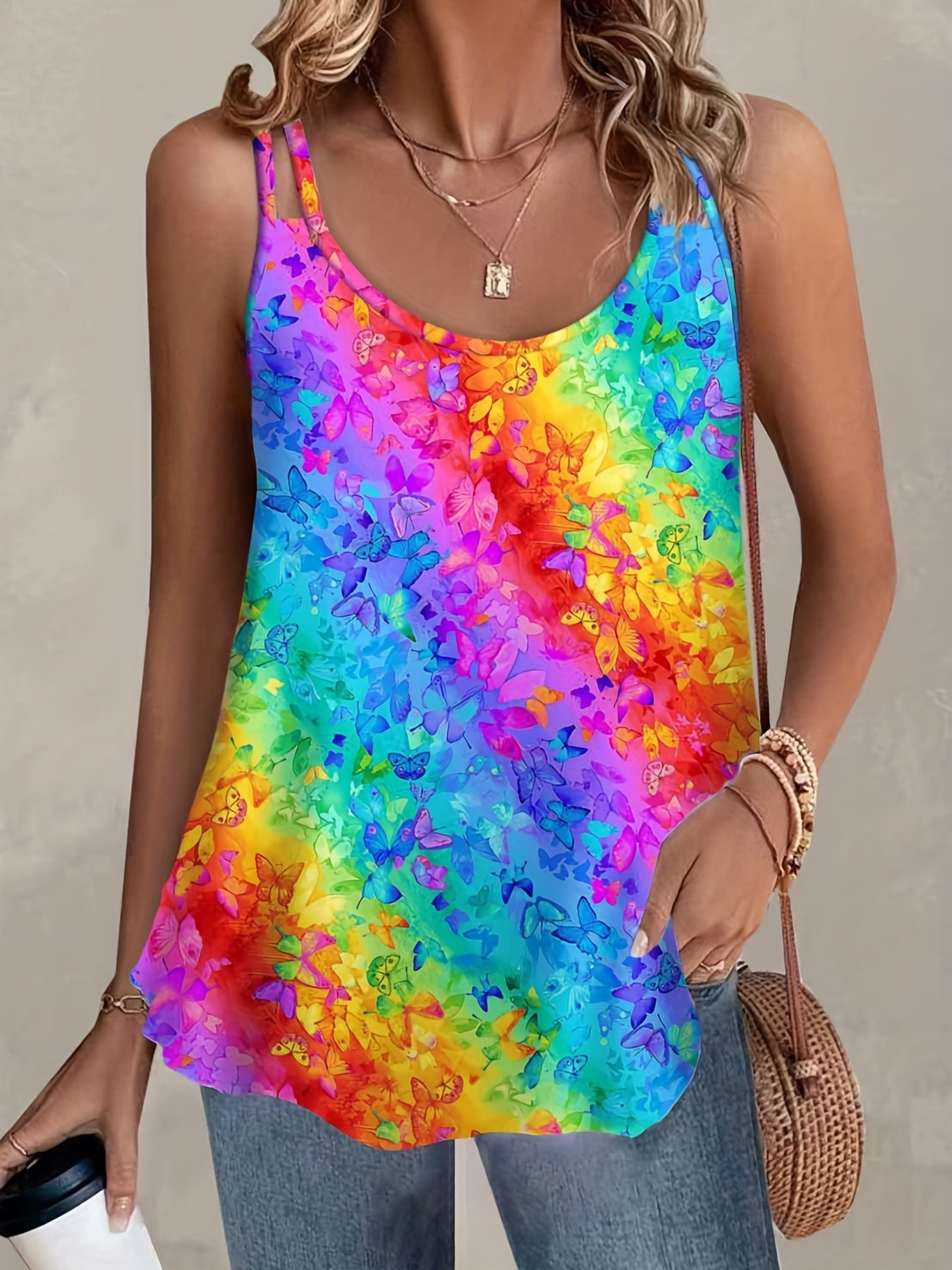  Colorblock Butterfly Print Tank Top