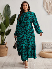  Leopard Print Lantern Sleeve Maxi Dress