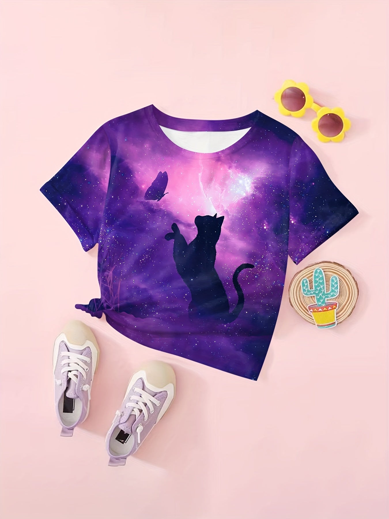 Dreamy Cat & Butterfly Graphic T-Shirt Girls Summer Clothes
