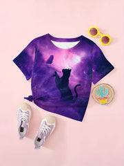 Dreamy Cat & Butterfly Graphic T-Shirt Girls Summer Clothes