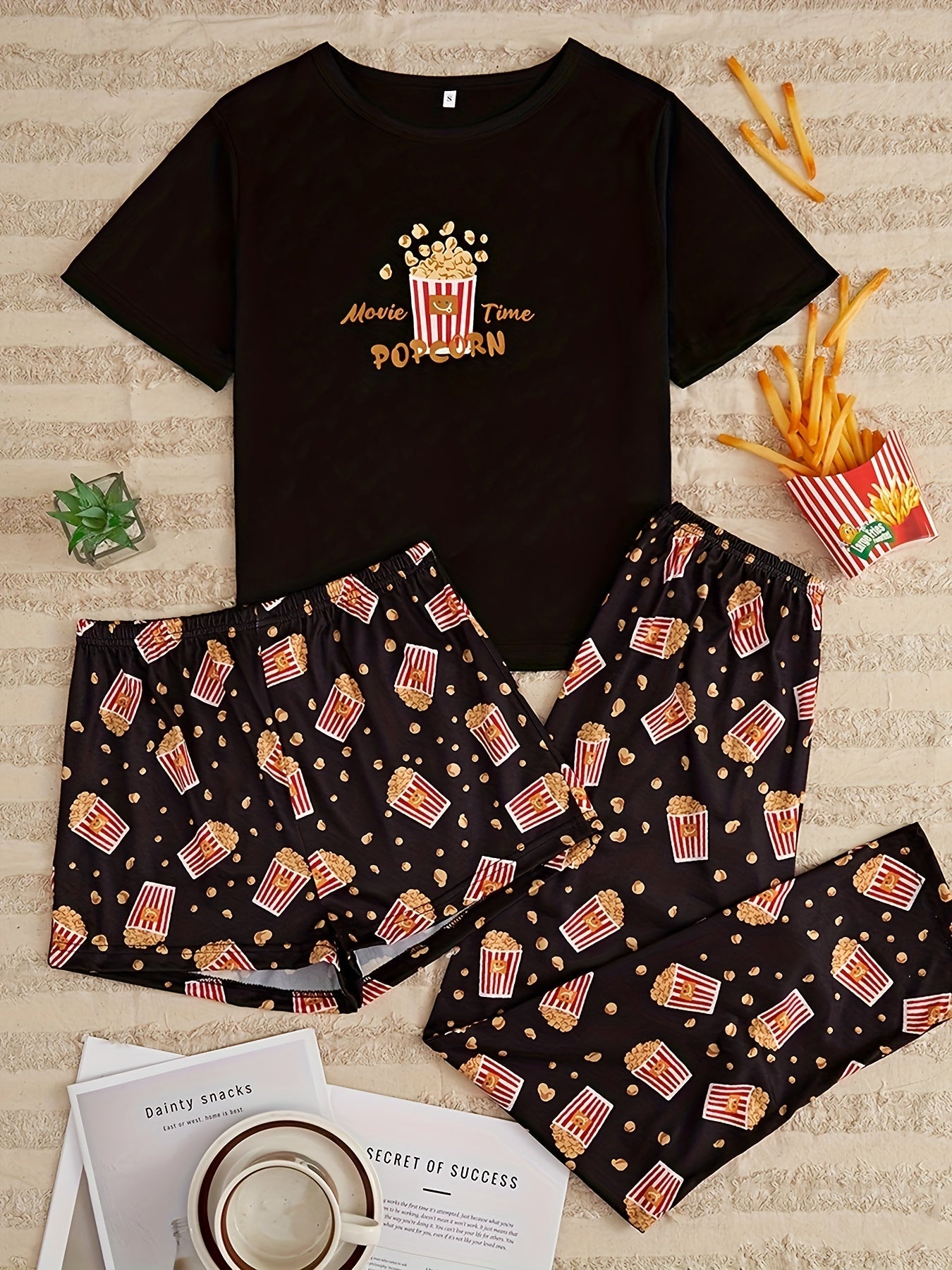 Popcorn Print Pajamas Set Short Sleeve Crew Neck Top & Shorts & Pants