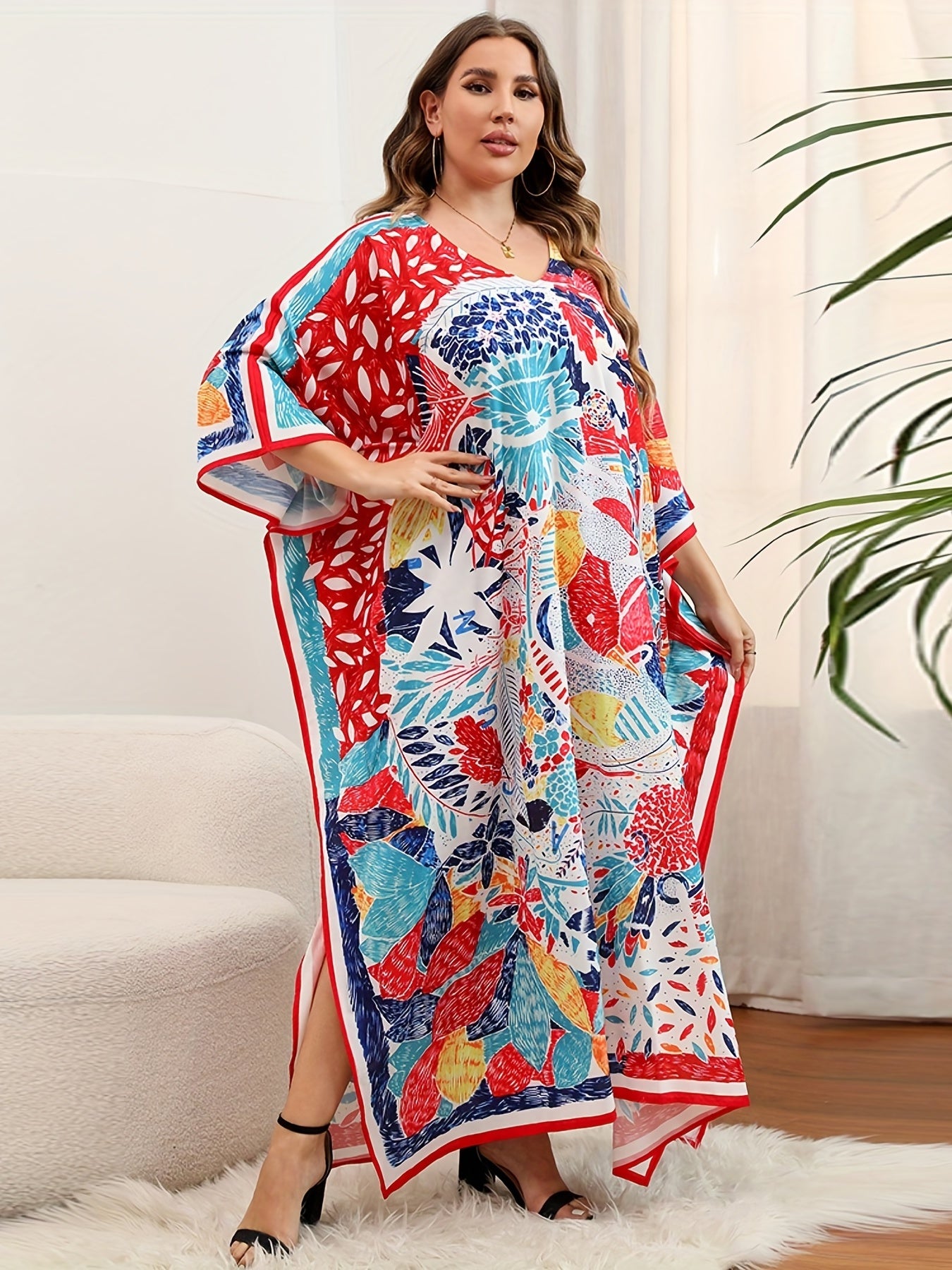  Boho Cover Up Women's Plus Tribal Print Bat Sleeve V Neck