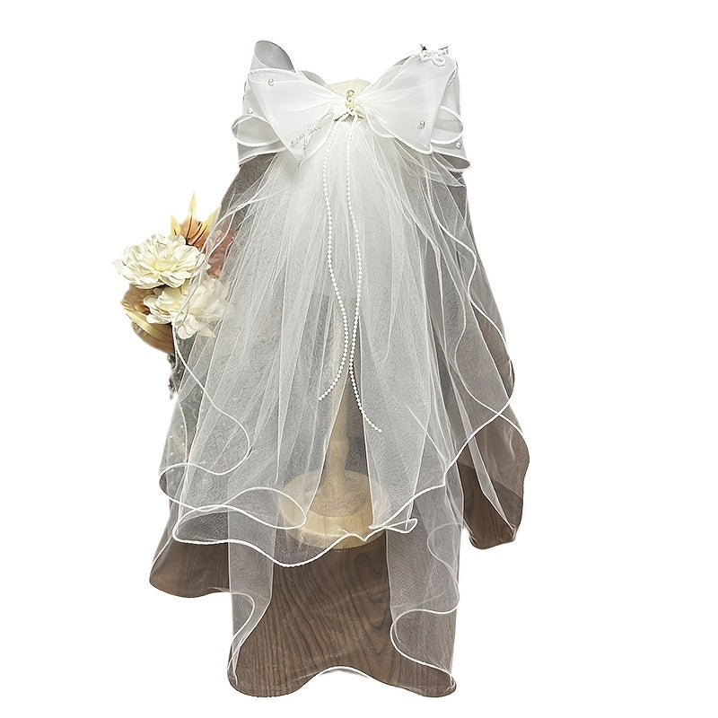 Double Layer Bowknot Bridal Veil with Pearls Wave Edge
