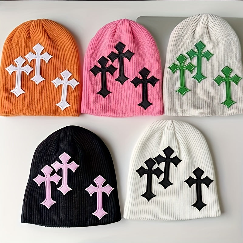 Gothic Cross Patch Knitted Beanie Solid Skull Hat Hip Hop Warm Knit Hat
