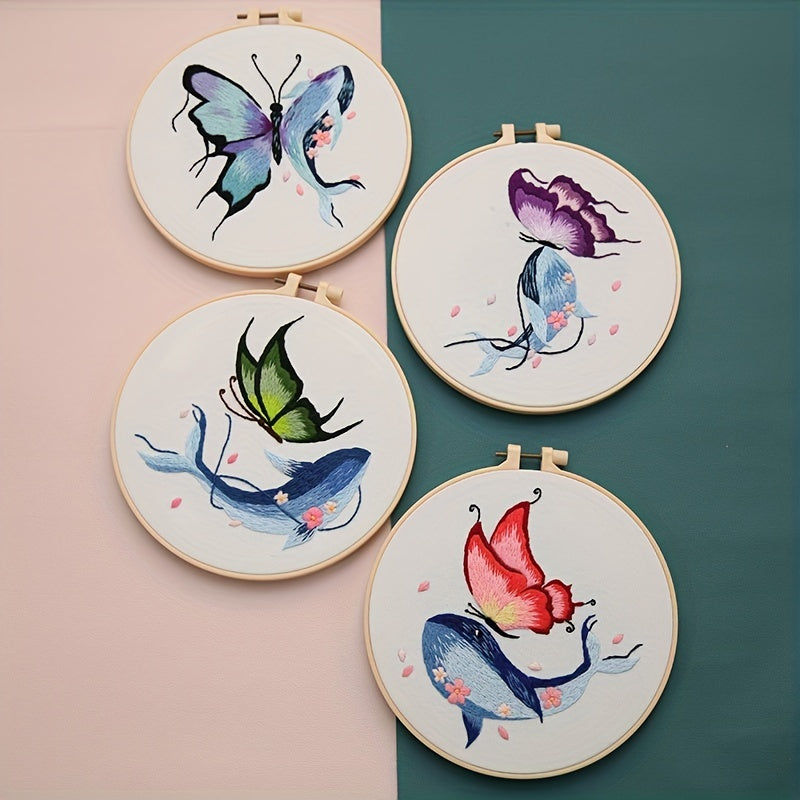 4pcs Whale & Butterfly Embroidery Kit for Beginners, Hoop, Threads, Needles
