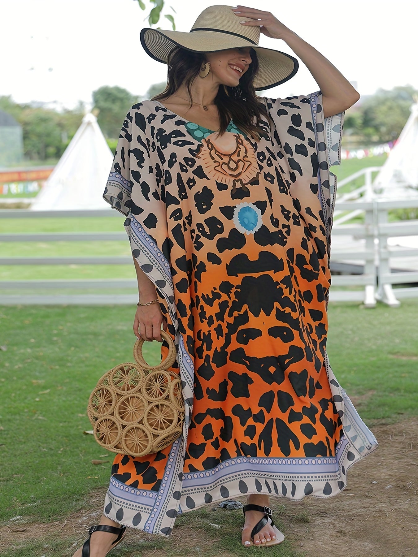  Boho Cover Up V-Neck Geometric Print Batwing Sleeve Split Cover Up