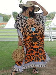  Boho Cover Up V-Neck Geometric Print Batwing Sleeve Split Cover Up