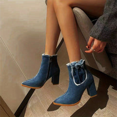 Women's Denim Ankle Boots Pointed Toe Block Heels Side Zipper