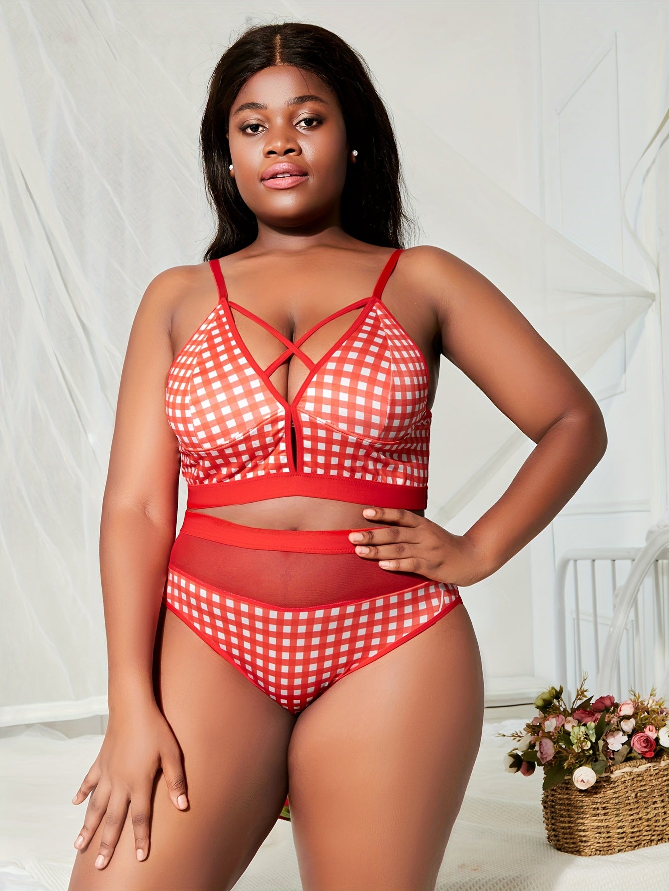  Gingham Print Crisscross Bra & Mesh Panty Set