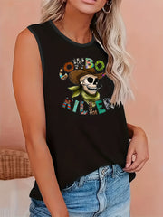  Halloween Tank Top Skull & Letter Print Round Neck Stretch Halloween