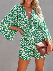  Polka Dot Striped Romper with Deep V Neck