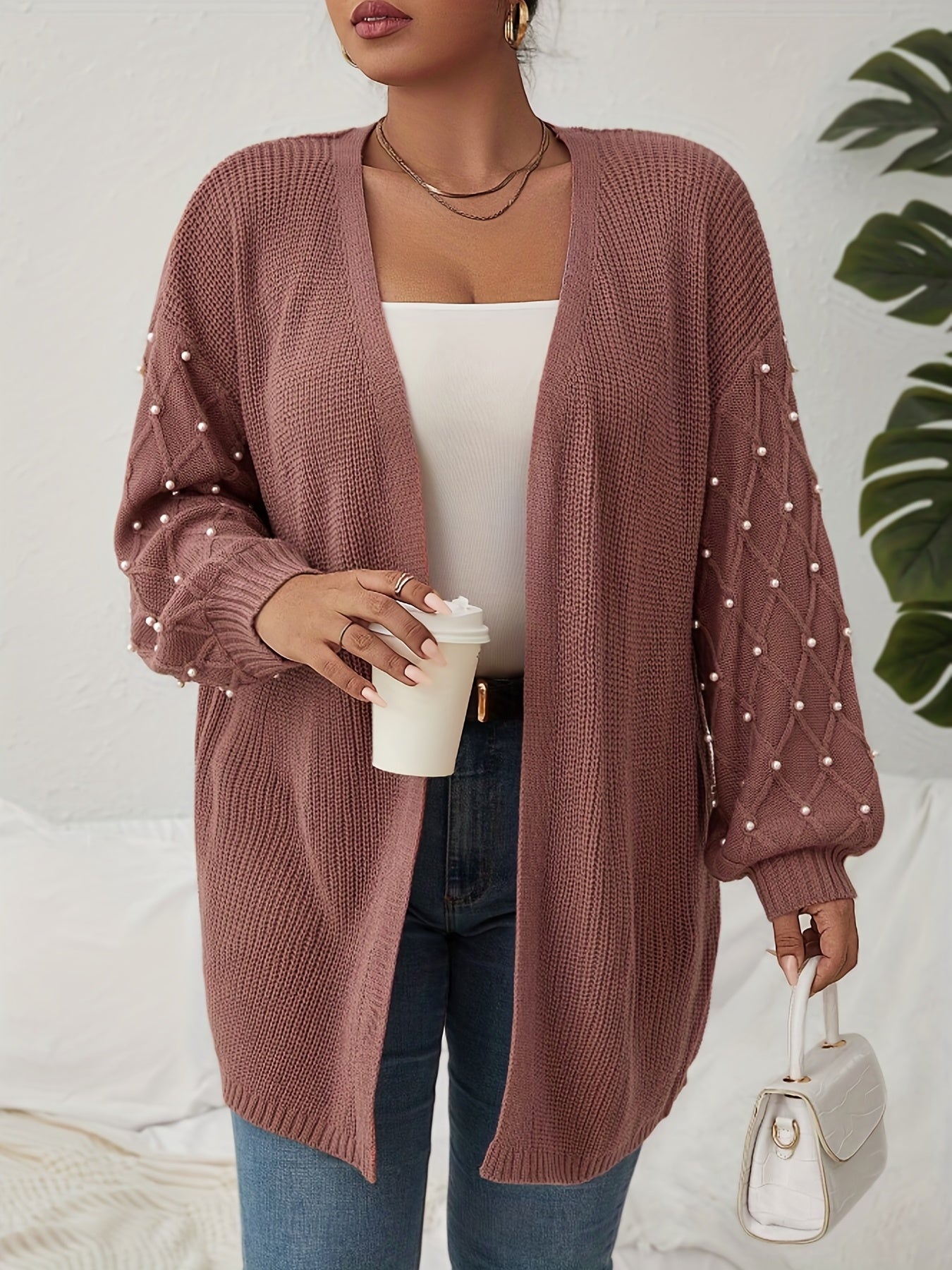  Solid Jacquard Faux Pearl Decor Lantern Sleeve Cardigan