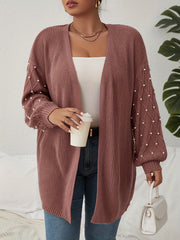  Solid Jacquard Faux Pearl Decor Lantern Sleeve Cardigan