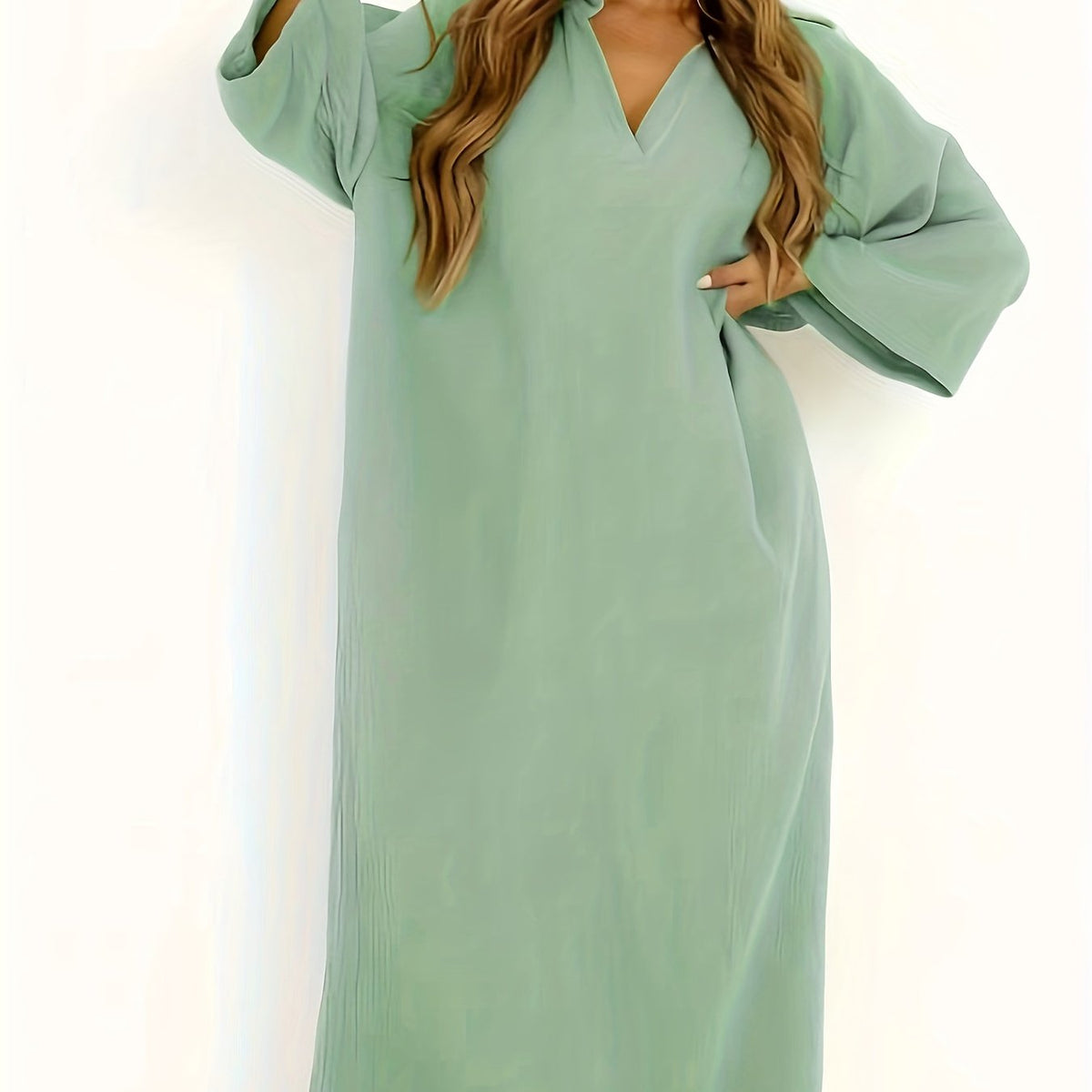  V Neck Loose Fit Maxi Jalabiya Dress