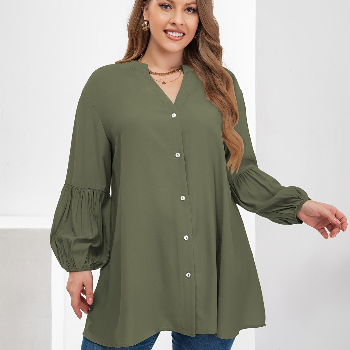  Puff Sleeve V Neck Button Front Blouse