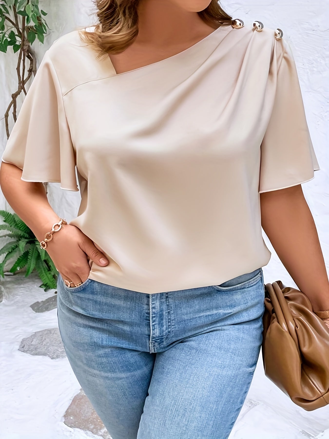  Solid Flutter Sleeve Blouse Metal Decor