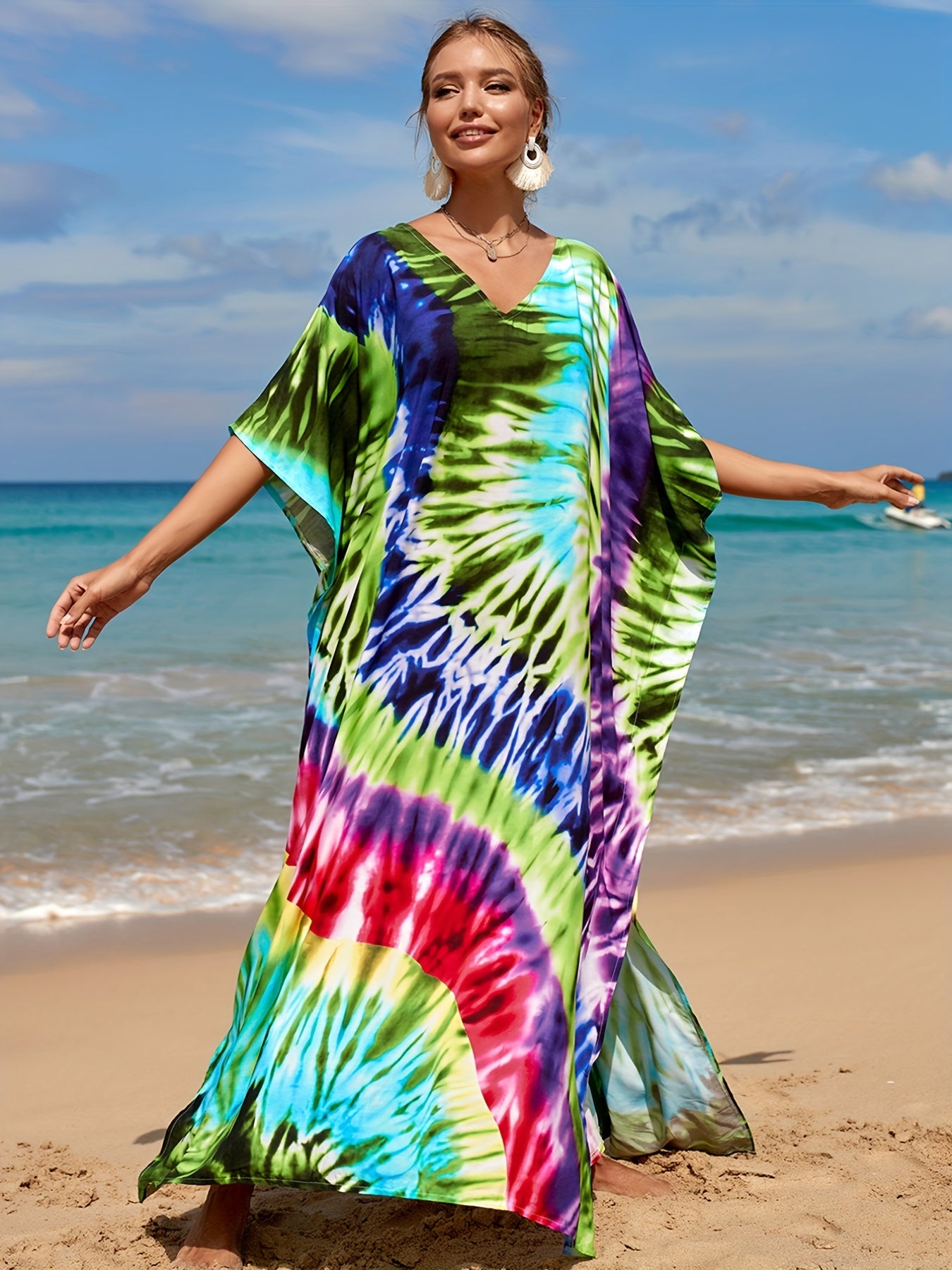  Tie Dye V Neck Cover Up Dress